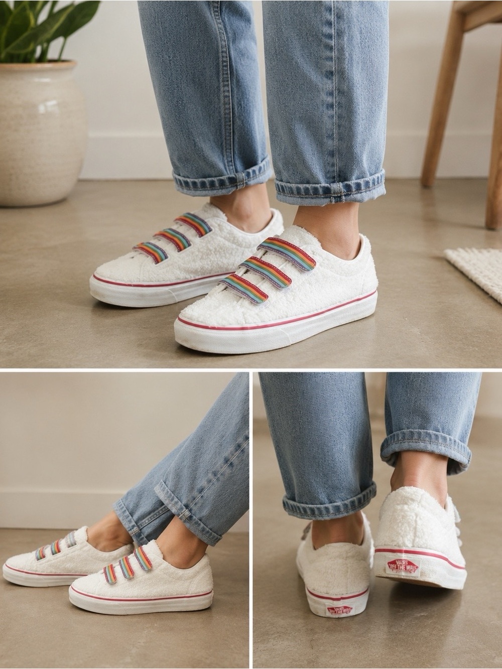Vans Sherpa Rainbow Strap Sneakers Girls Size 7 White Fuzzy Hook & Loop Shoes